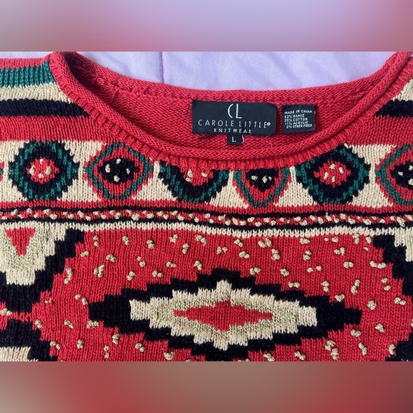 Carole Little Red Vintage Crewneck Knit Sweater with Geometric Patterns, Size L - Picture 4 of 8